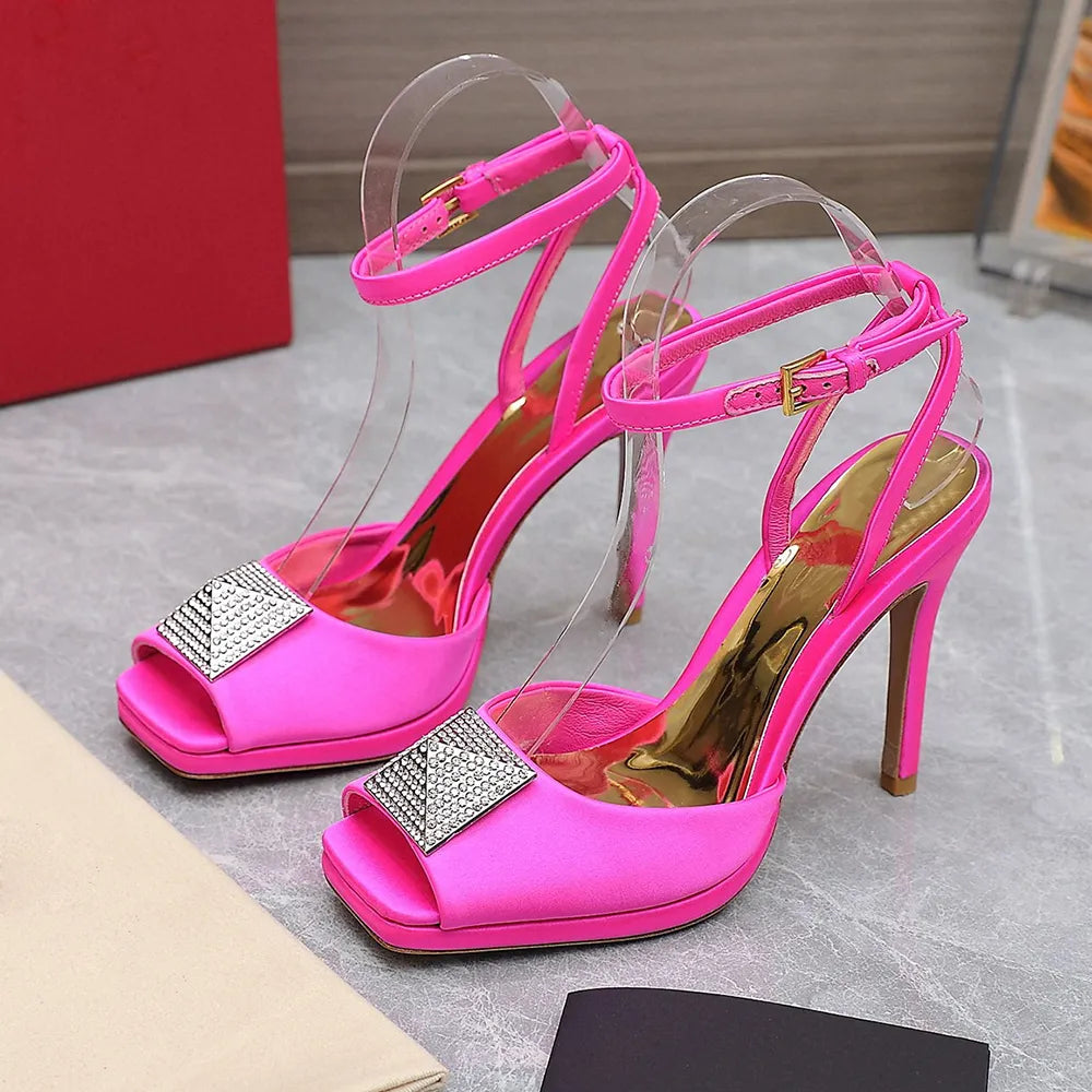 Fashionable womens slim high heel sandals with diamond metal buckle fish mouth and ankle strap at the back size 35-41