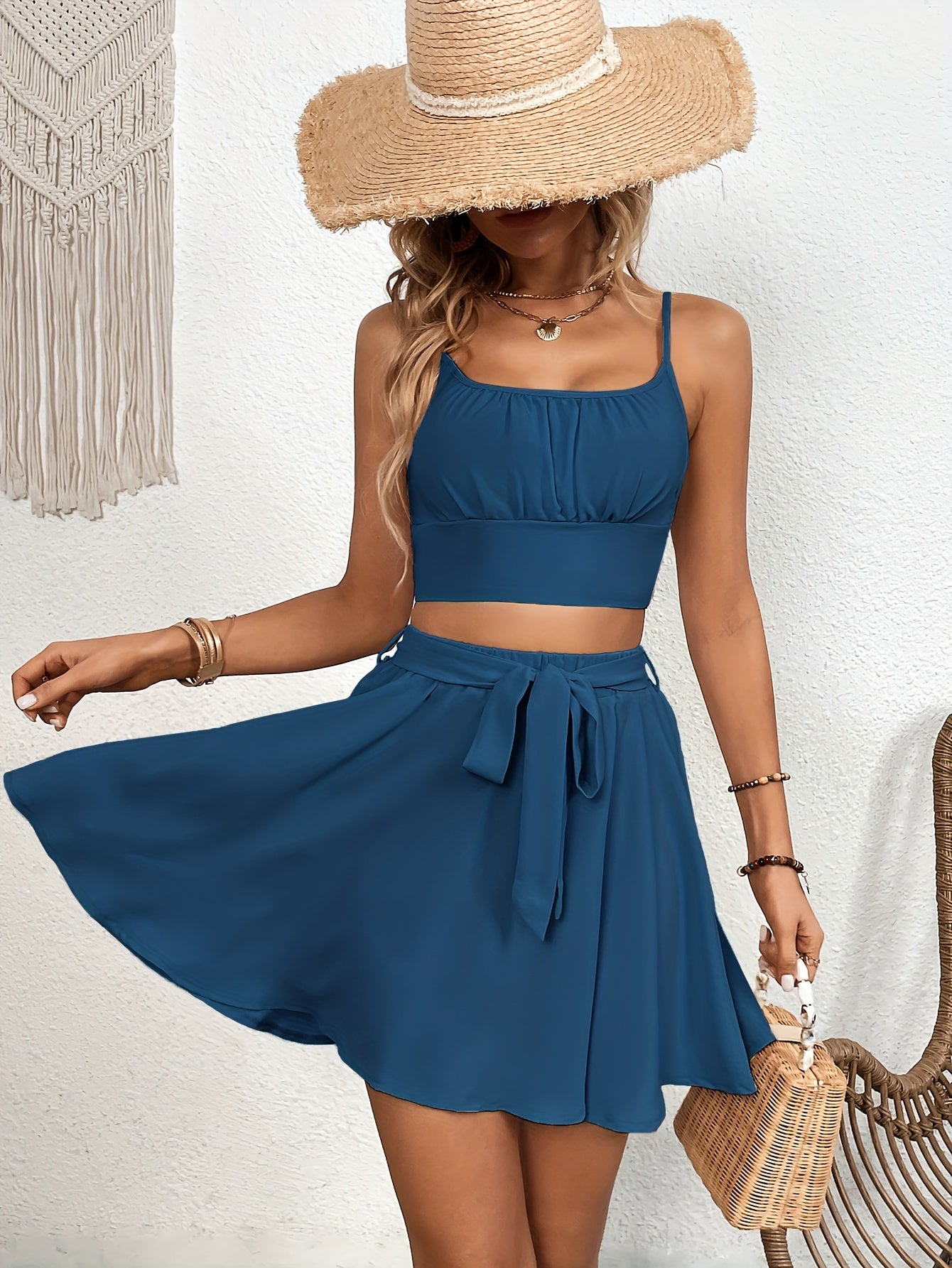 Chic Solid Two-Piece Skirt Set for Women - Flattering Crop Cami Top with Adjustable Tie Front Skirt, Effortless Casual Outfit