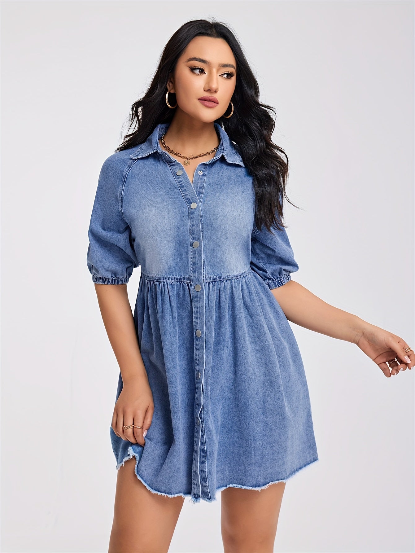 Women's Plain Denim Dress Casual Elastic Short Sleeve With Frayed Hem And Button Front