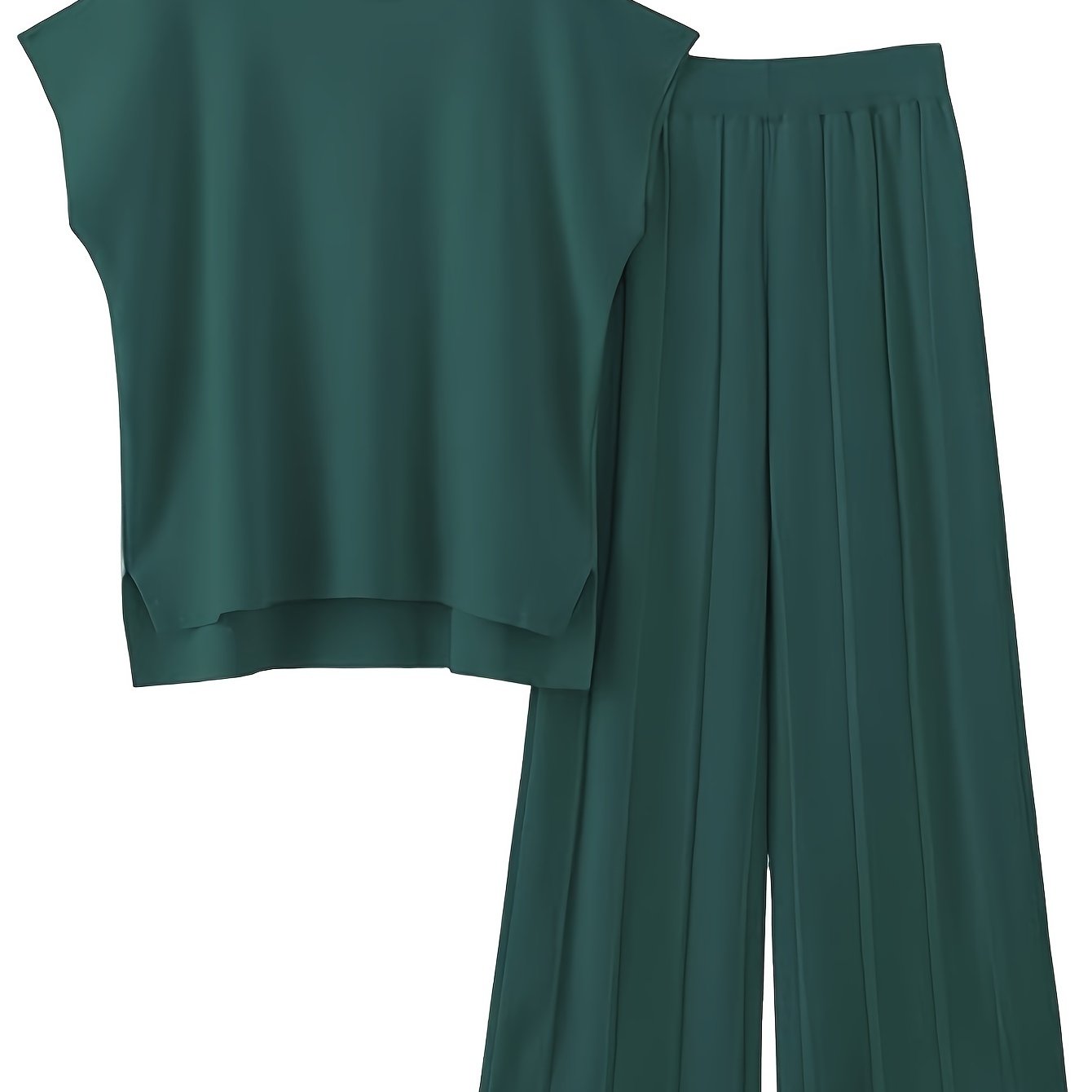 Flattering Womens Solid Color Two-Piece Outfit - Cap Sleeve Crew Neck Top with Split Hem & Flowy Wide Leg Pants - Stylish Casual Wear for Everyday Elegance