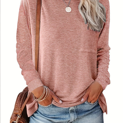 Long Sleeve Chic Rayon T Shirt for Women - Soft, Comfortable, and Trendy Crew Neck Top with Chest Pocket and Dipped Hem - Perfect for Fall and Winter Season