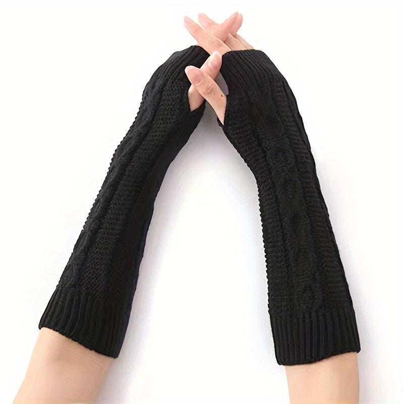 Solid Color Twist Knitted Gloves Long Fingerless Stretchy Sleeves With Thumb Hole Winter Outdoor Coldproof Warm Women's Gloves