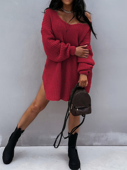 Plus Size Flattering Knitted Dress - Fashion-Forward One Shoulder Lantern Sleeve - Chic V Neck with Modern Split - Soft & Sultry Womens Plus Sweater Dress, Winter-to-Spring Staple