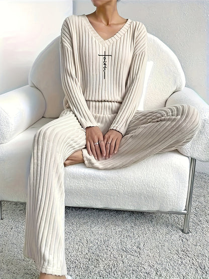 Women's Faith-Inspired Ribbed Two-Piece Set - V Neck Long Sleeve Top & Comfy Pants - Chic Spring & Fall Casual Outfits