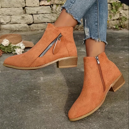 Womens Classic Low Heel Ankle Boots - Comfortable Side Zipper Shorties - Durable Stacked Heels for Casual Koningsdag Style