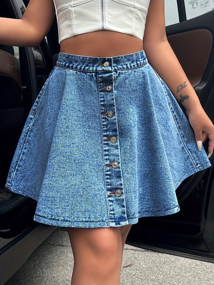 One High-Rise Mini Single-Breasted Plain Washed Blue Denim Skirt for Women - Classic Jeans Style Clothing