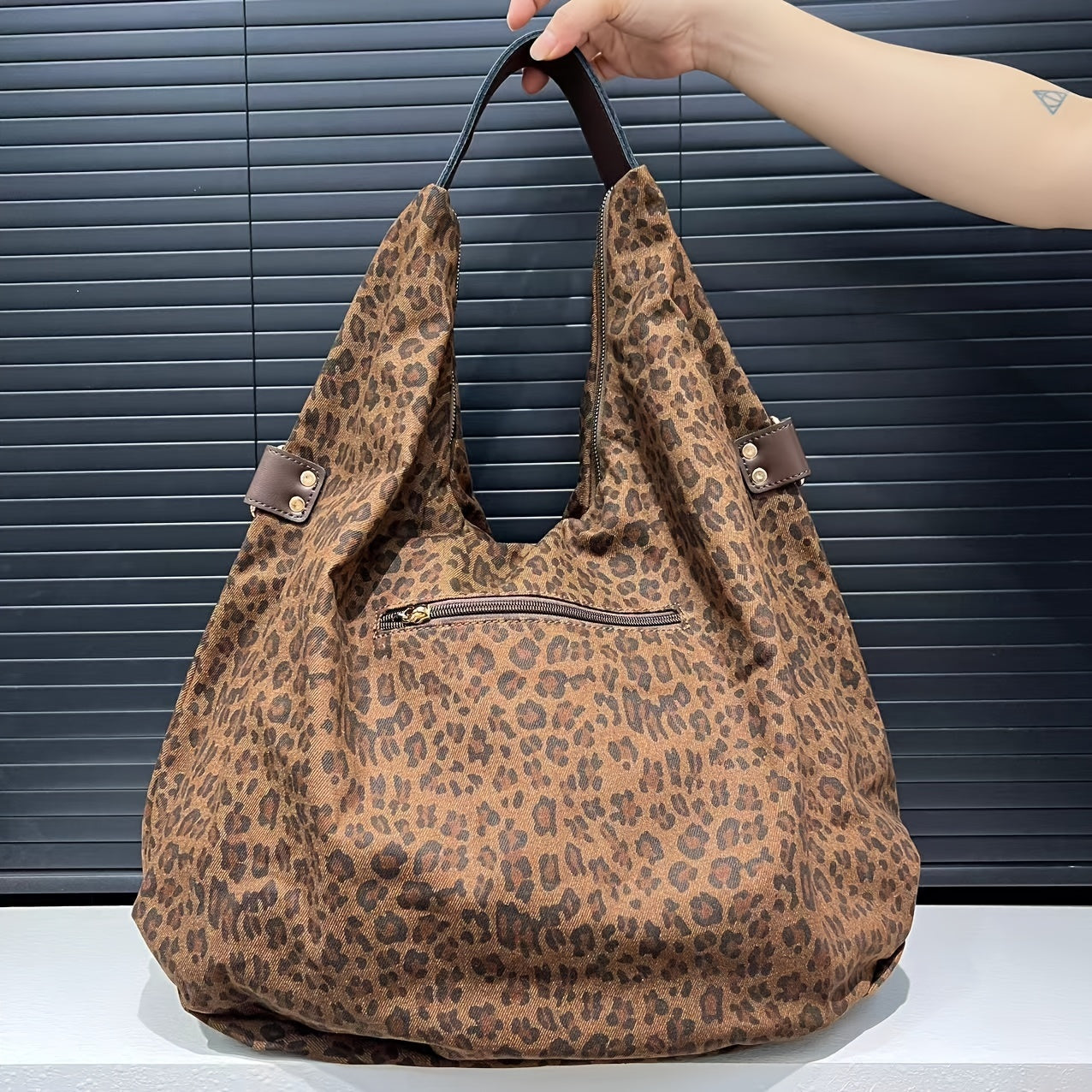 Chic Leopard Print & Denim Canvas Tote - Spacious Shoulder Bag with Rivet Accents, Detachable Strap for Women