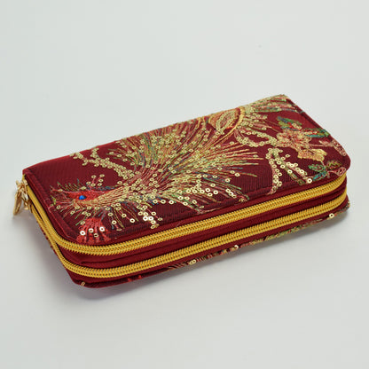 Ethnic Style Double-Sided Embroidered Wallet Featured Peacock Embroidery Long Zipper Handheld Change and Mobile Phone Bag