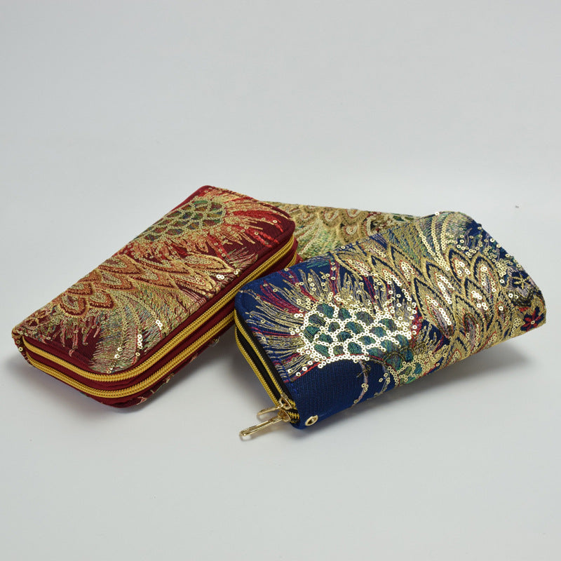 Ethnic Style Double-Sided Embroidered Wallet Featured Peacock Embroidery Long Zipper Handheld Change and Mobile Phone Bag