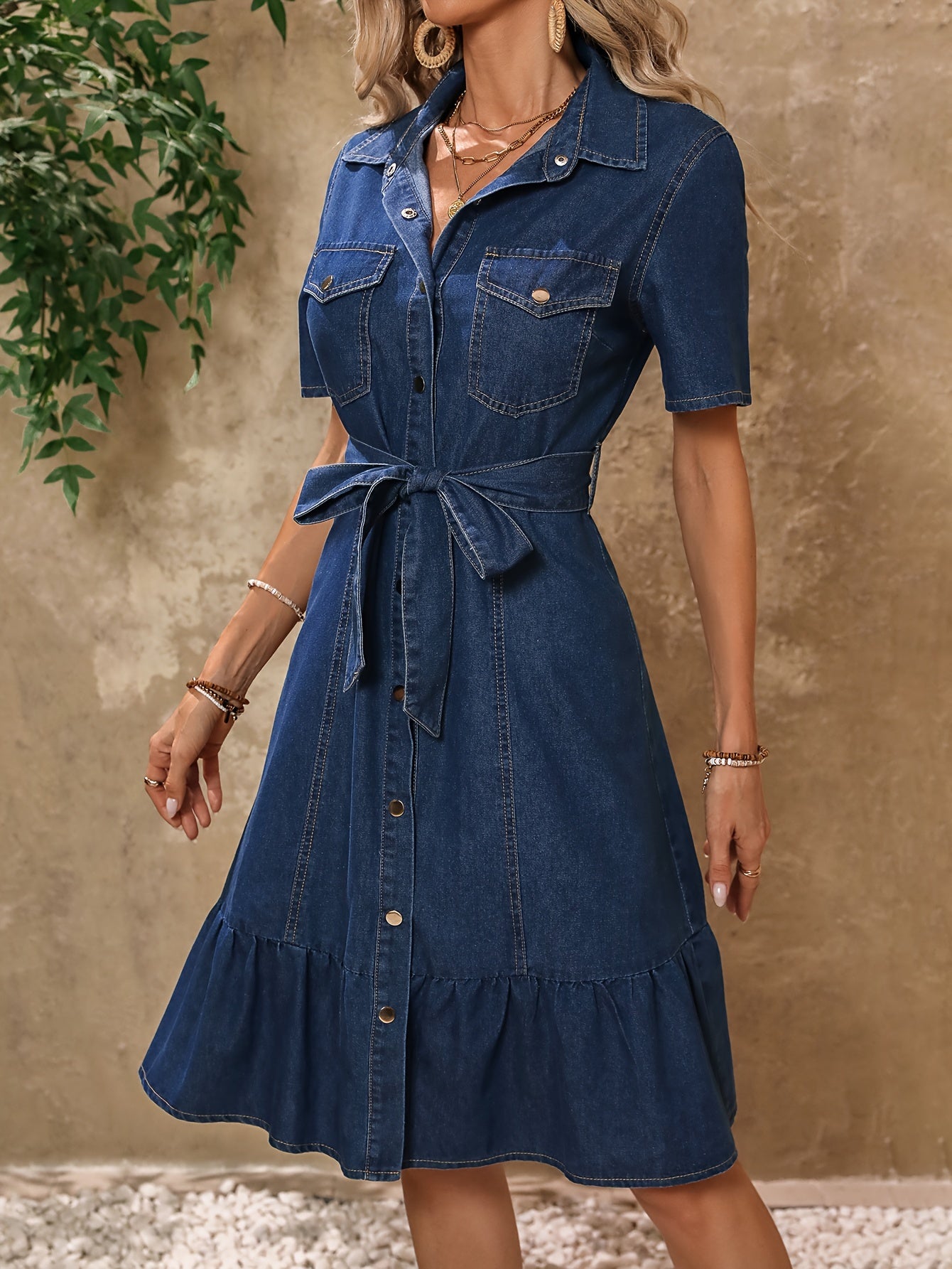 Womens Fitted Elegant Denim Midi Sundress - Sleeveless, Slim Fit, Shirt Collar, Tie Waist, Ruffle Hem, Lace-Up Belt, Non-Stretch, Solid Color, Woven, Customized, All-Season, No Printing, No Sheer