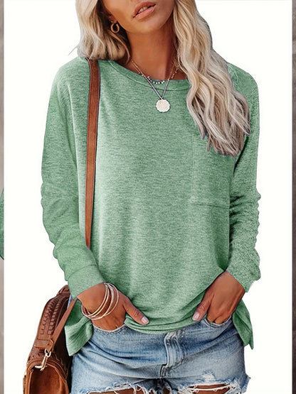 Long Sleeve Chic Rayon T Shirt for Women - Soft, Comfortable, and Trendy Crew Neck Top with Chest Pocket and Dipped Hem - Perfect for Fall and Winter Season