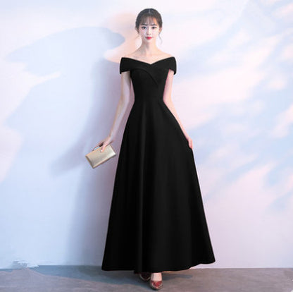 IKEARLAX  Noble Bridal Toast Clothing Host Evening Dress Cross off-Shoulder Short Sleeve Slimming Long Dress Elegant