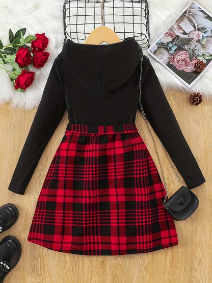 Hooded Plaid Dress for Girls - Long Sleeve, Vintage Splicing Style - Perfect for Spring, Fall, and Christmas