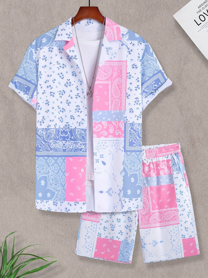 Fashionable Mens Paisley Print Short Sleeve Shirt & Shorts Set - Comfortable Resort-Ready Loungewear for Stylish Getaways - Two-Piece Ensemble