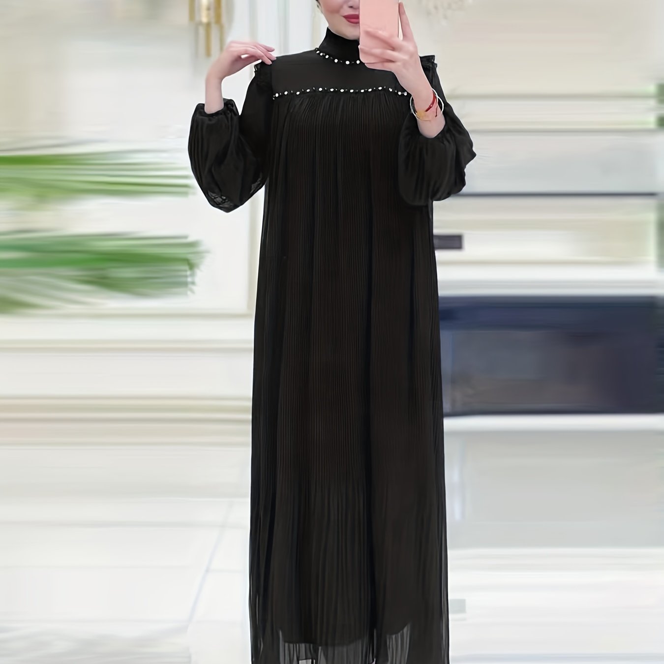 Sparkling Ramadan Elegance - Rhinestoned Pleated Mock Neck Maxi Dress with Adjustable Tie Waist and Lantern Sleeves - A Modest, Timeless Choice for Women