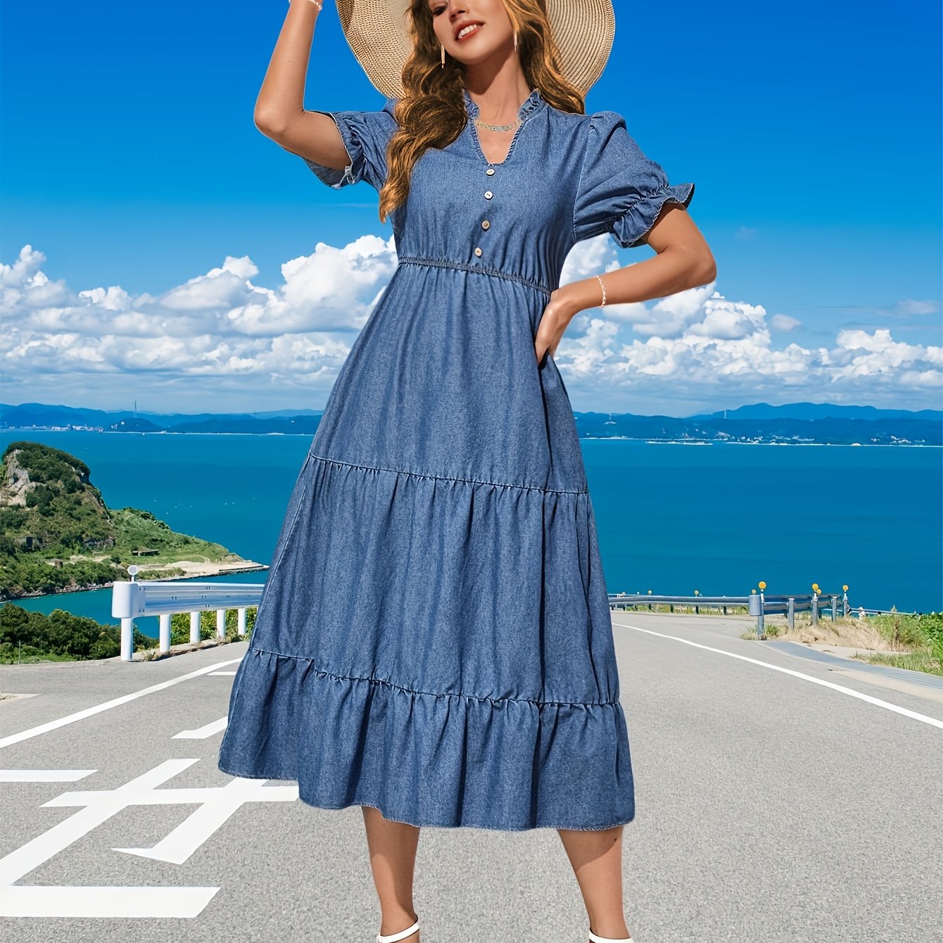 Layered Ruffled Single-breasted V Neck Short Sleeve Elegant Denim Dress, Women's Denim Jeans & Clothing