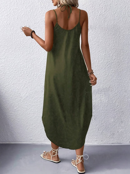 IKEARLAX Curvy Hem Cami Dress - Sleek Sleeveless Design, Delicate Spaghetti Strap Detailing, Comfortable Loose Fit for a Relaxed Silhouette, Flowing Maxi Dress Style - Exclusively Designed for Women, Unique Moon Print Pattern, Womens Clothing