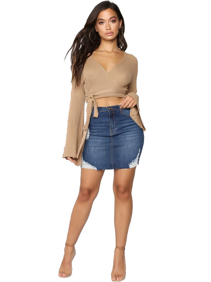 Mid Stretch Slim Fit Raw Cut Denim Mini Skirt - Ripped Holes, Fashionable, Comfortable, Versatile - Womens Denim Clothing, Summer Essential, Casual Wear