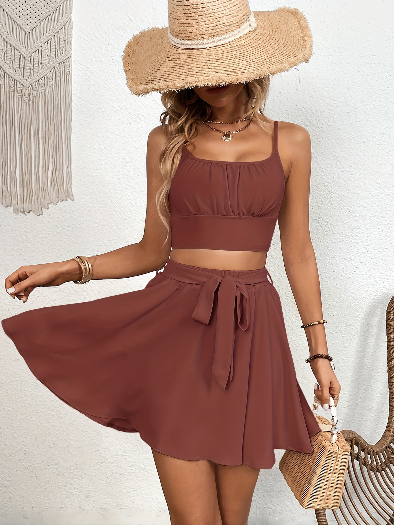 Chic Solid Two-Piece Skirt Set for Women - Flattering Crop Cami Top with Adjustable Tie Front Skirt, Effortless Casual Outfit