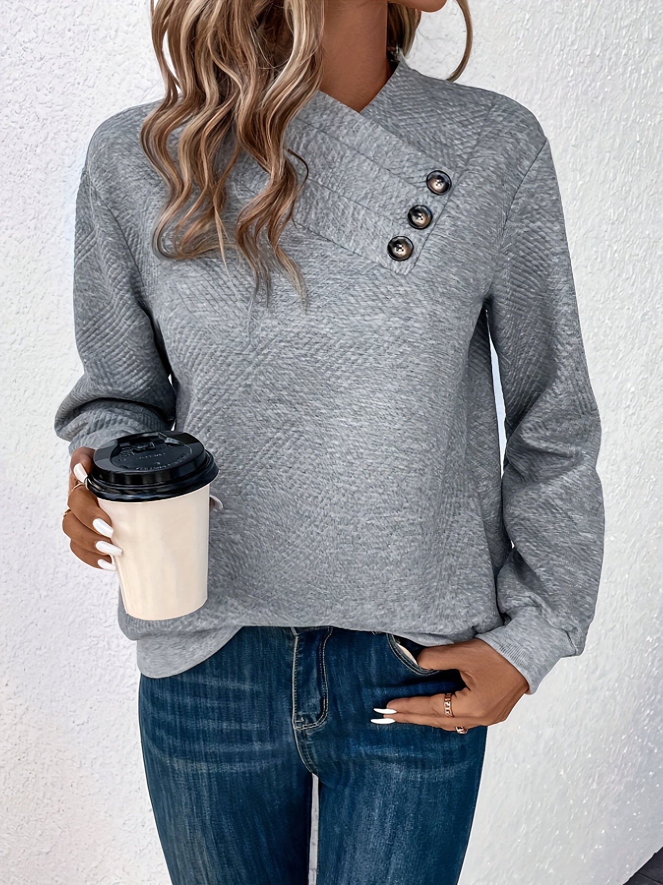 Chic Button Decor Surplice Neck Sweatshirt - Cozy Long Sleeve Winter Wear for Women - Premium Casual Fashion for Fall & Winter