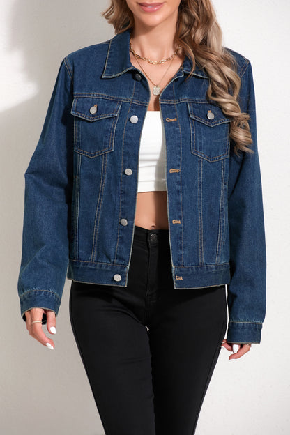 Plain Dark Washed Blue Button Up Long Sleeve Casual Style Denim Top, Women's Denim Jeans & Clothing