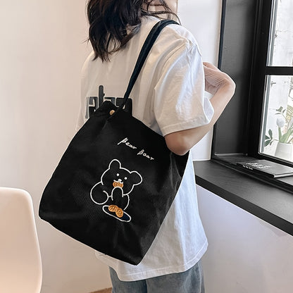 Chic Corduroy Shoulder Bag with Embroidered Bear Design - Magnetic Closure, Polyester Lined, Casual Preppy Style for Women