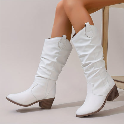 Multi-Season Chic Women's Motorcycle Boots: Comfy Block Heel, Solid Color, Slip-On, Round Toe Fashion