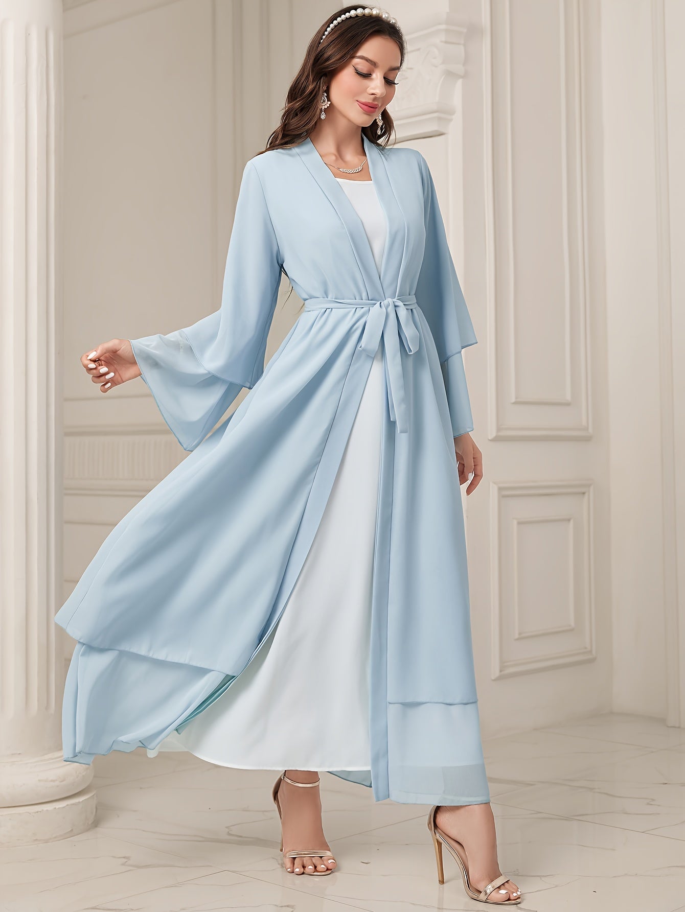 Long Sleeve Elegant Modest Cover Up Dress - Semi-Sheer, Solid Color, Polyester, Loose Fit, Middle East Style, Woven, No Elasticity, Perfect for All Seasons