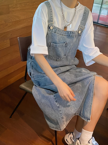 Plain Washed Blue Adjustable Strap Loose Fit Retro Casual Style Denim Overall Dress, Women's Denim Jeans & Clothing