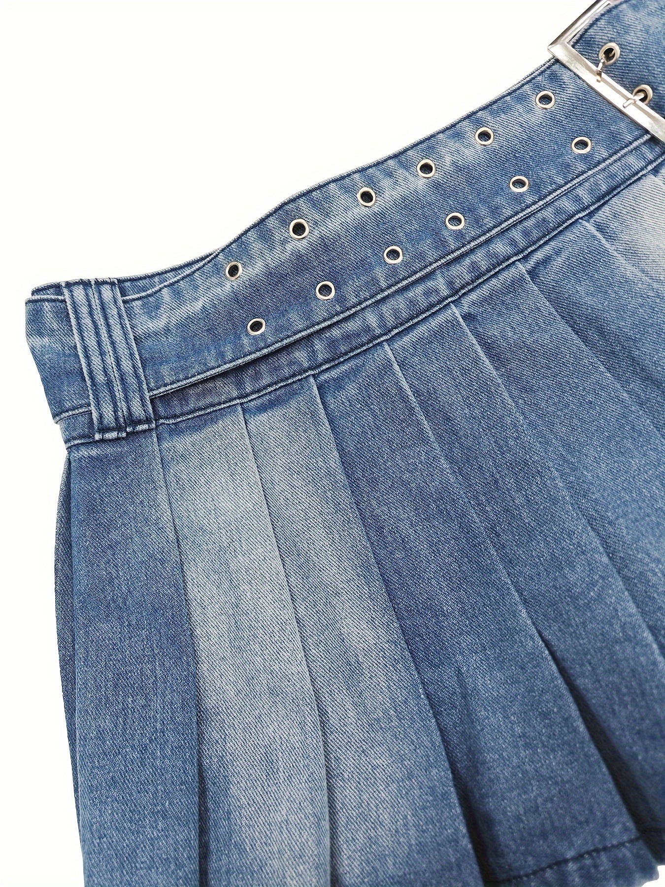 Mini Denim Skirt - Adjustable, Pleated, Washed Blue, Plain Design, Women's Denim Jeans & Clothing, Perfect for Casual Daily Wear