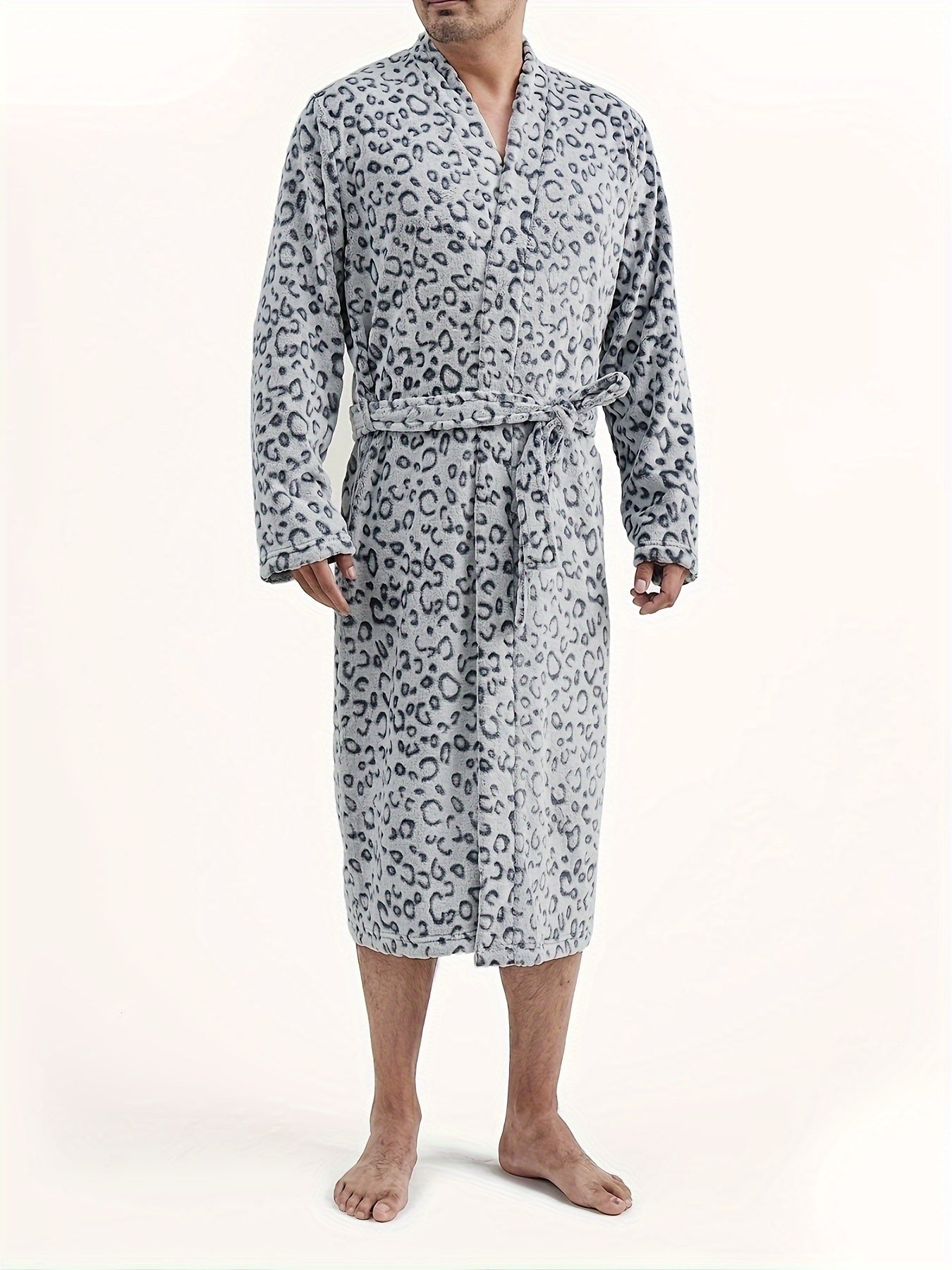 Men's Comfy Leopard Fleece Robe Home Pajamas Wear With Pocket, One-piece Lace Up Kimono Night-robe Warm Sets After Bath