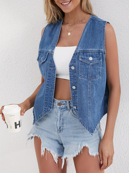 Distressed Denim Vest - Sleeveless Design, Trendy Frayed Hem, Button-Up Front, Casual Style Jean Jacket - Perfect for Spring and Summer Fashion, Versatile Outerwear for Everyday Wear