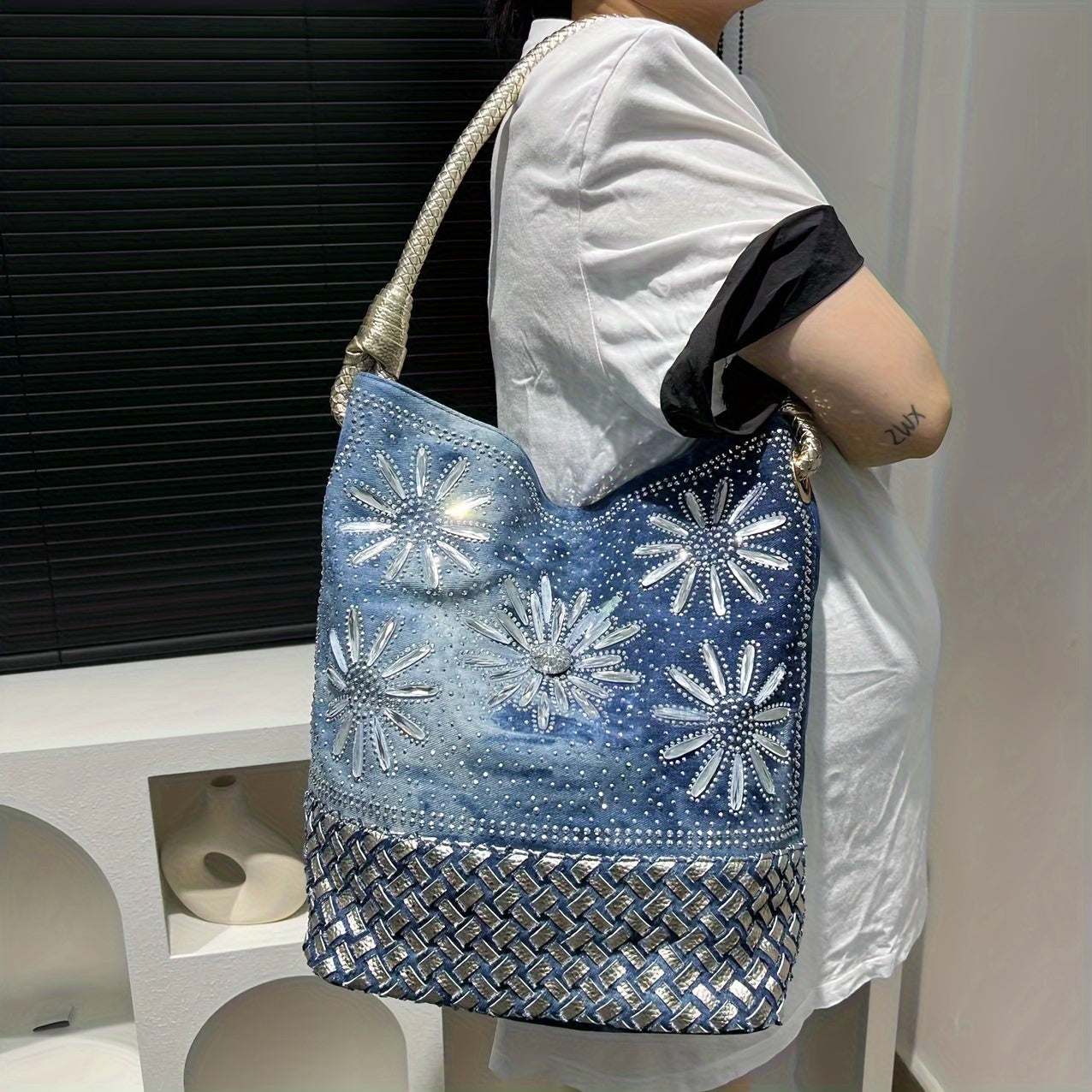 Luxurious Floral Rhinestone Denim Tote Bag - Spacious Large Capacity, Stylish Crossbody Shoulder Handbag with Polyester Lining, Random Print, Zip Closure, Removable Strap, and Elegant Style for Women's Fashion