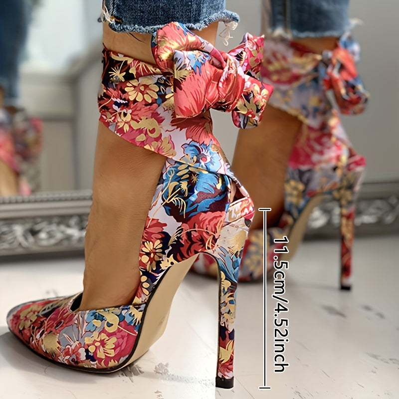 Chic Floral Satin Stiletto Sandals with Lace-Up Closure, Elegant Pointed Toe Design, Strappy Ultra High Heels for Evening Elegance