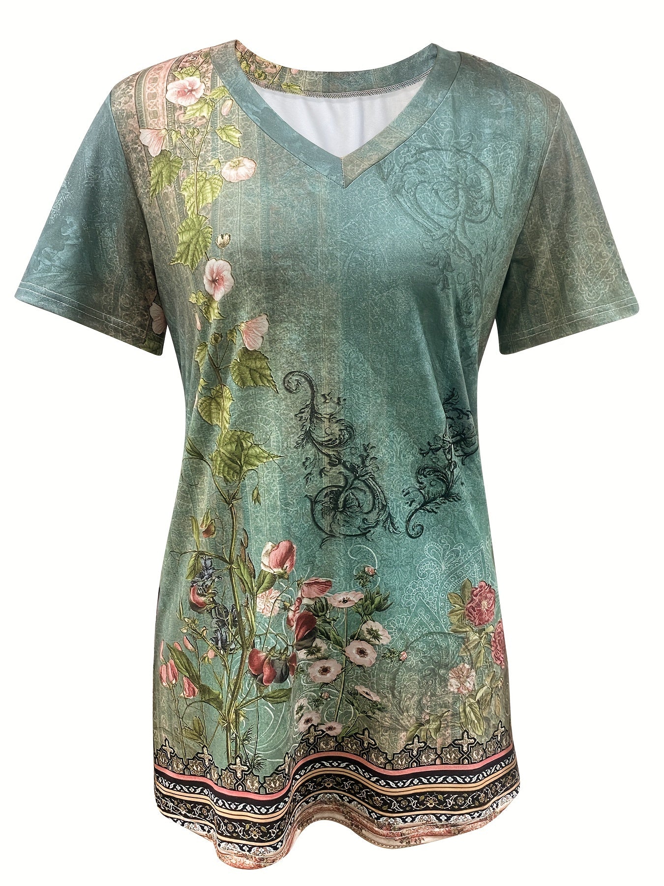 Two-Piece Floral Print Casual Outfit - V Neck Short Sleeve Top & Shorts Set for Women - Micro Elastic Polyester Fabric, Machine Washable, All Over Print, Spring/Summer Season