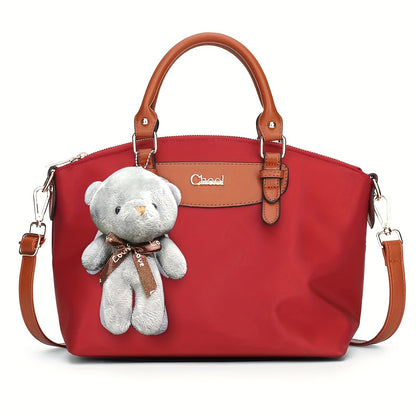 Classic Oxford Cloth Crossbody Bag for Women - Adjustable Strap Nylon Shoulder Purse with Bear Charm