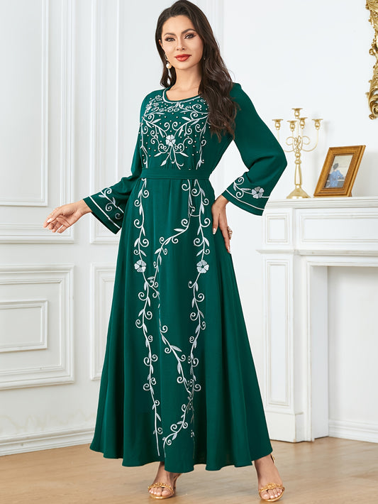 Long Sleeve Elegant Crew Neck Kaftan Dress - Exquisite Embroidery, Cinched Waist, Ankle Length, Polyester Fabric, Machine Washable, Solid Color - Perfect for All Seasons