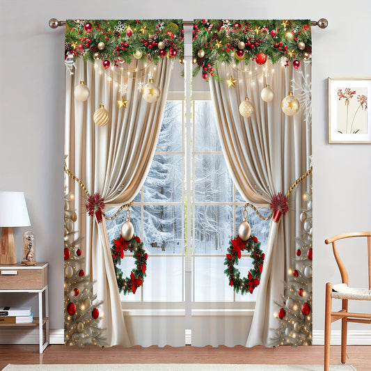 2pcs Luxurious Christmas Curtains with Golden Rod Pocket - 3D Digital Design, Light-Filtering, for Living Room, Bedroom, Office, Kitchen - Festive Holiday Decor with Ornaments