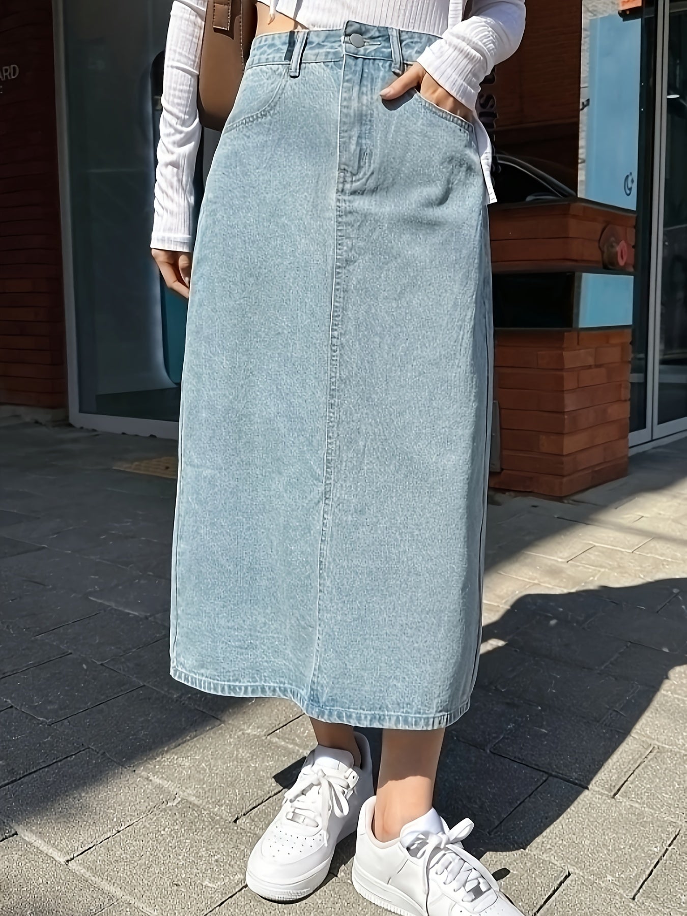 High Rise Split Hem A-Line Denim Skirt, Versatile Washed Blue Women's Jeans & Clothing, Plain Back Design