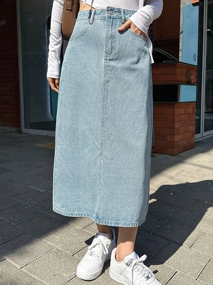 High Rise Split Hem A-Line Denim Skirt, Versatile Washed Blue Women's Jeans & Clothing, Plain Back Design