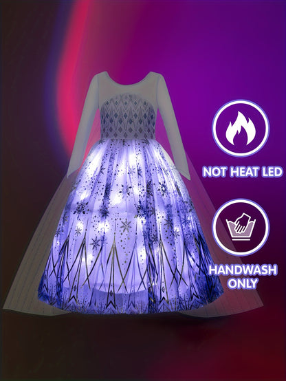 Girls Stunning & Elegant Long Sleeve Snowflakes Pattern Mesh LED Light Up Tutu Princess Dress With Cape, Dress Up Clothing For Halloween & Ball & Prom