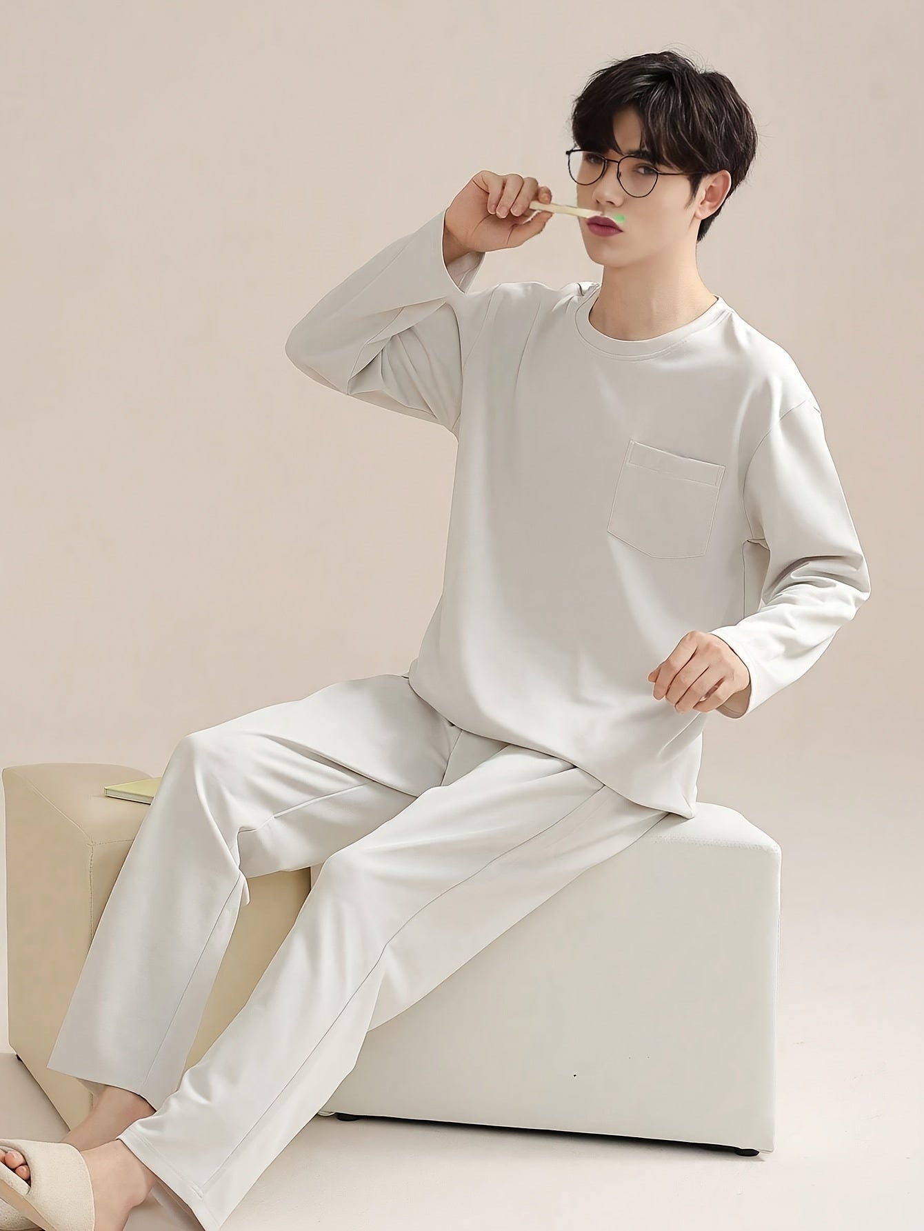 Men's Simple Style Cotton Casual Pajamas Sets, Solid Long Sleeve Crew Neck Top & Loose Pants Lounge Wear, Outdoor Sets For Spring Autumn