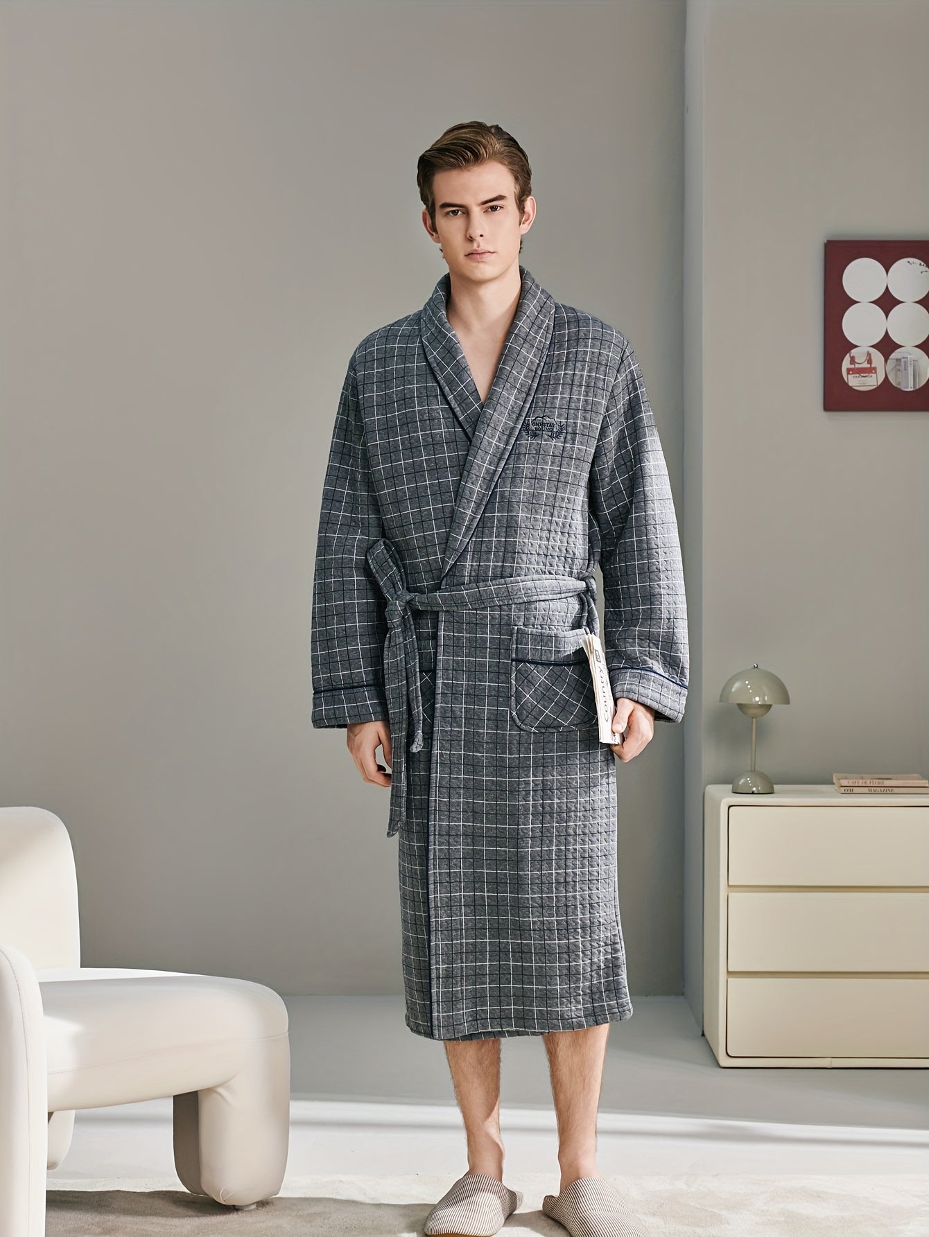 FARO Men's Winter Sleepwear Set: Cozy Cotton V-Neck Bathrobe with Letter Embroidery and Long Sleeves