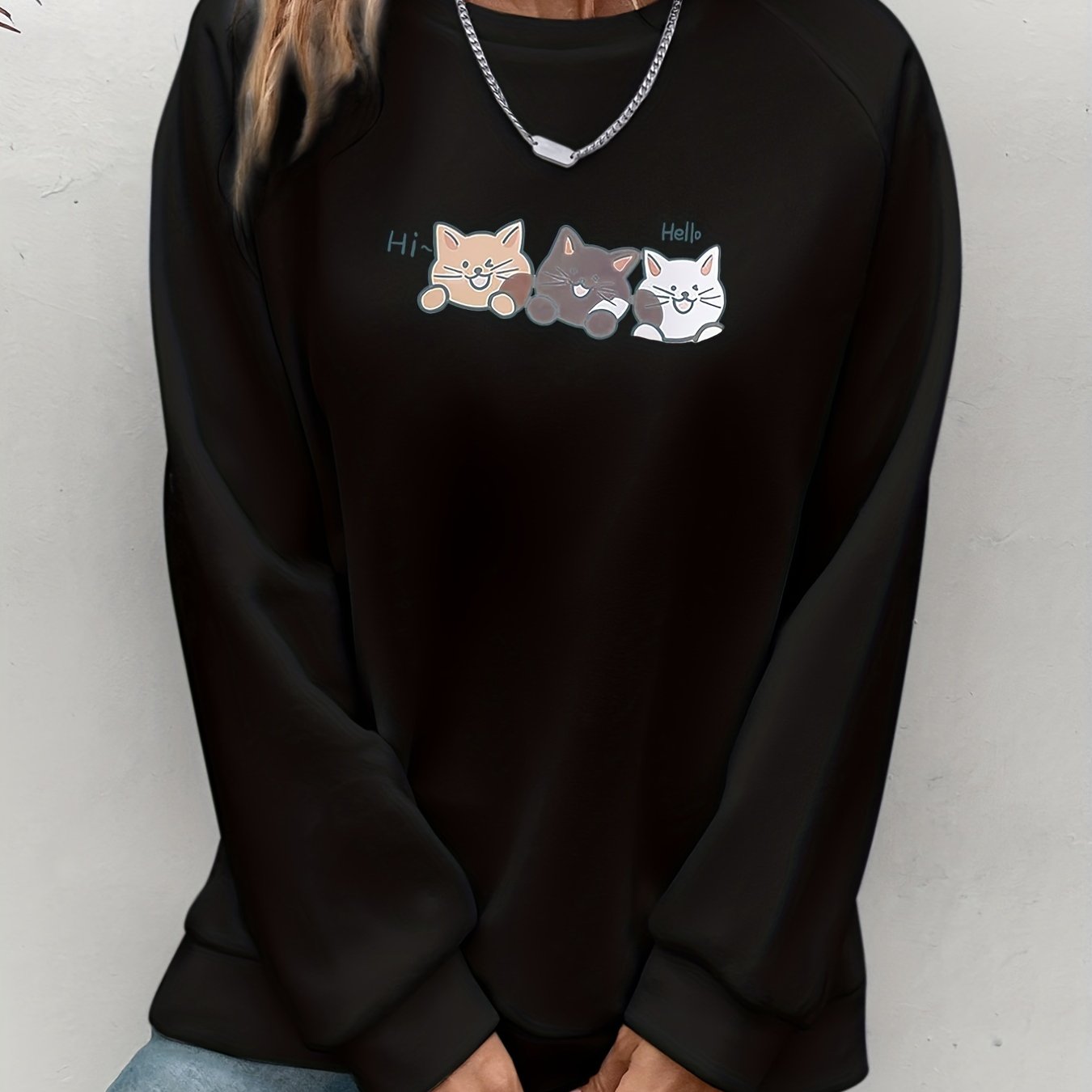 Cozy Fall/Winter Cat Print Sweatshirt - Easy-Care, Micro-Elastic, Casual Style for Women