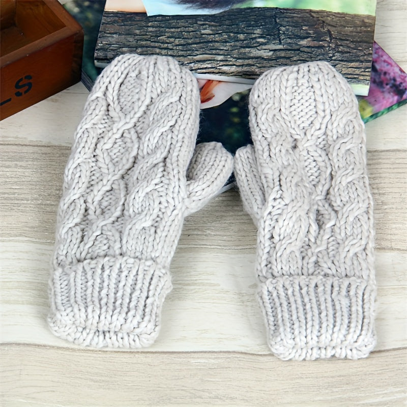 Monochrome Twist Knit Mittens Thickened Velvet Lined Soft Warm Gloves Autumn Winter Coldproof Hanging Neck Riding Gloves