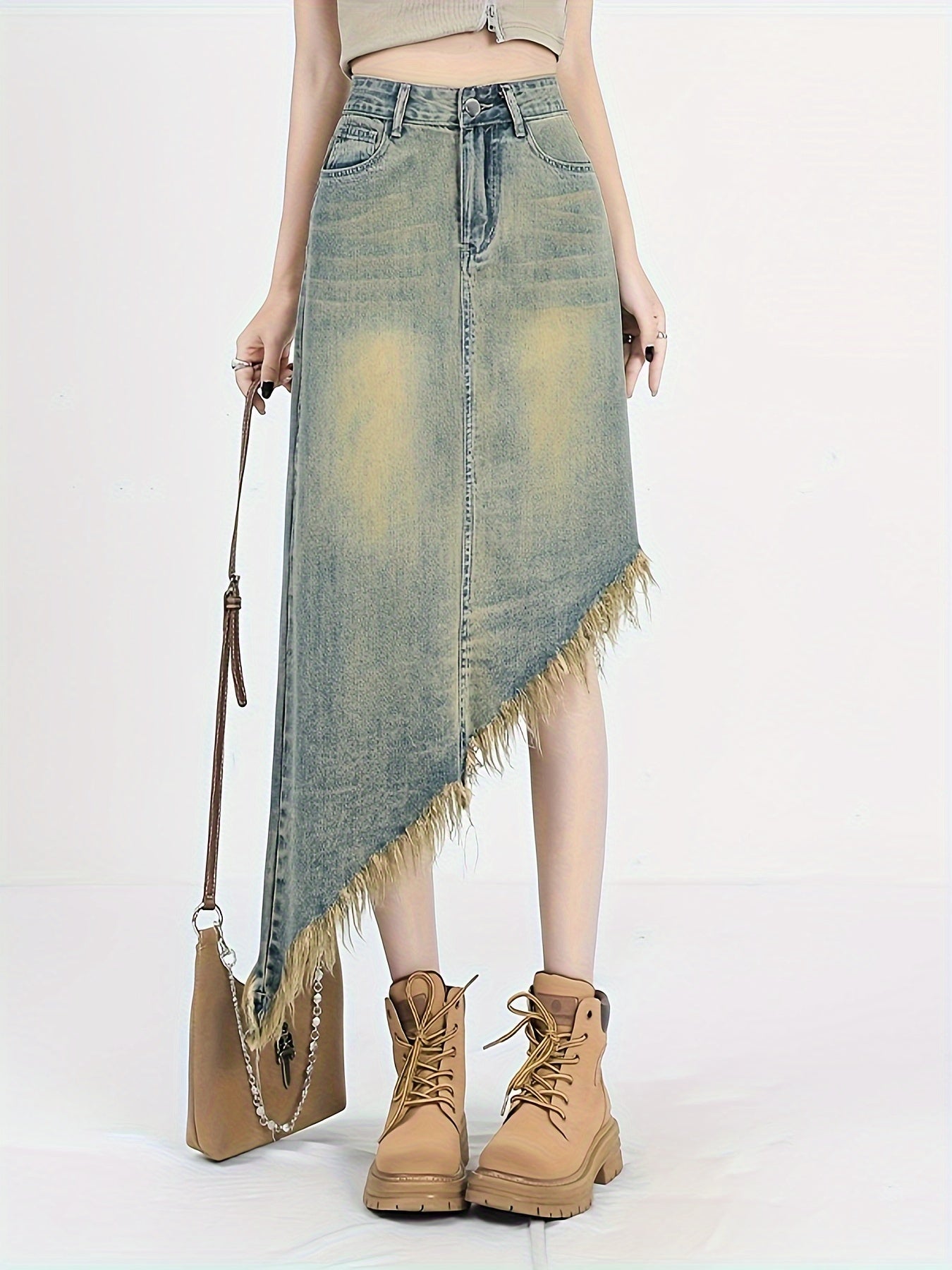 Asymmetric Raw Hem Distressed Washed High Rise Stylish Midi Denim Skirt, Women's Denim Jeans & Clothing