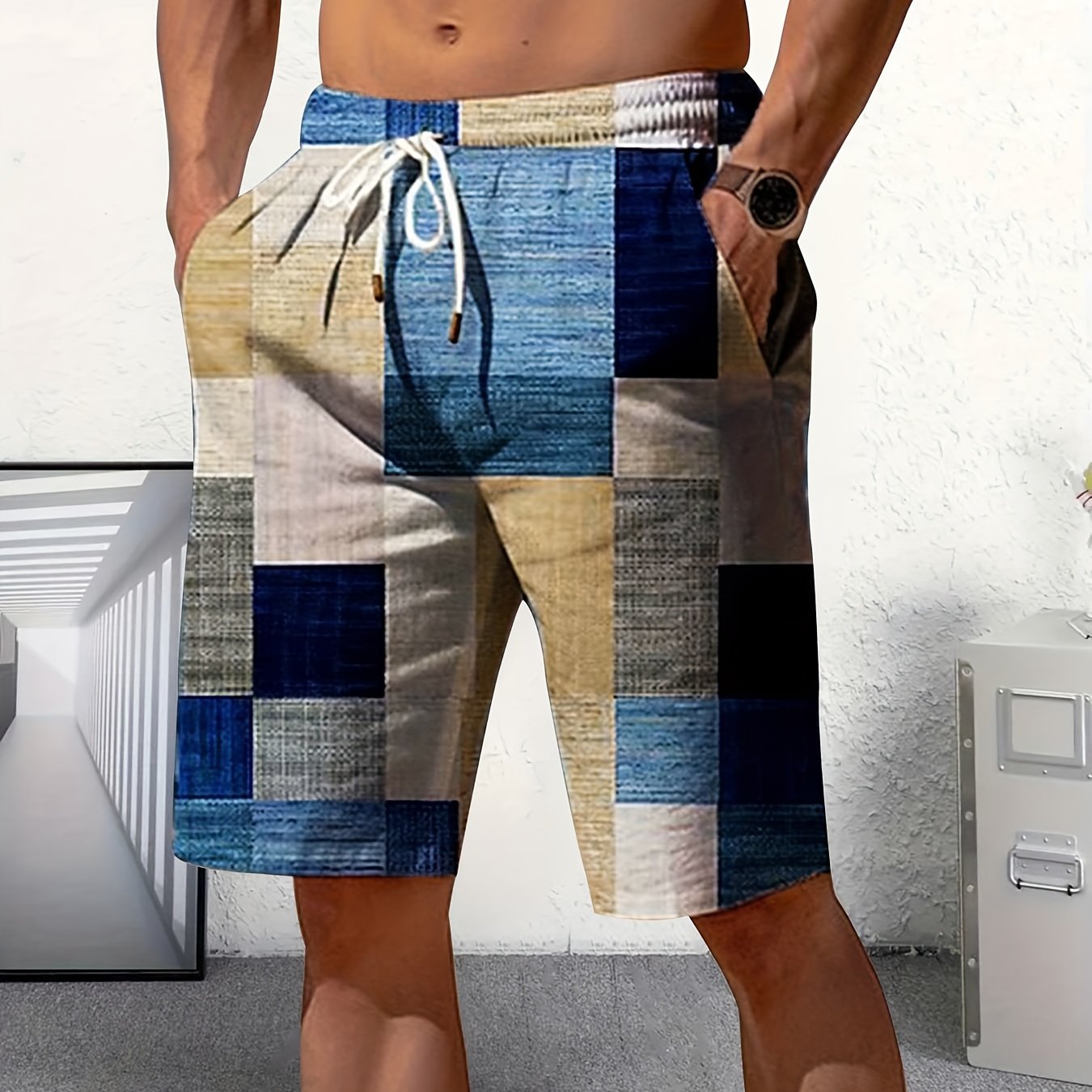 Latest Men's Gentle Comfy Pajama Color Block Print Shorts, Premium Print Design Sleep Bottoms