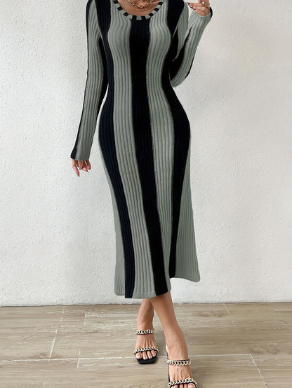 Vibrant Striped V-Neck Midi Dress - Elegant Long Sleeve, Bodycon Sheath Design, Comfortable Spring & Fall Essential, Women's Formal Clothing for Work, Date Night or Special Occasions