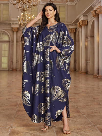 Vibrant Tribal Print Notched Neck Maxi Kaftan Dress - Loose Fit, Micro Elastic Polyester, Elegant Batwing Sleeve, Random Pattern, Middle Eastern Style, Spring to Fall Wear