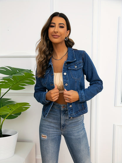 Chic & Versatile Blue Denim Jacket - Easy-Care, Soft Woven, with Flap Pockets, Perfect for Spring/Fall Casual Wear